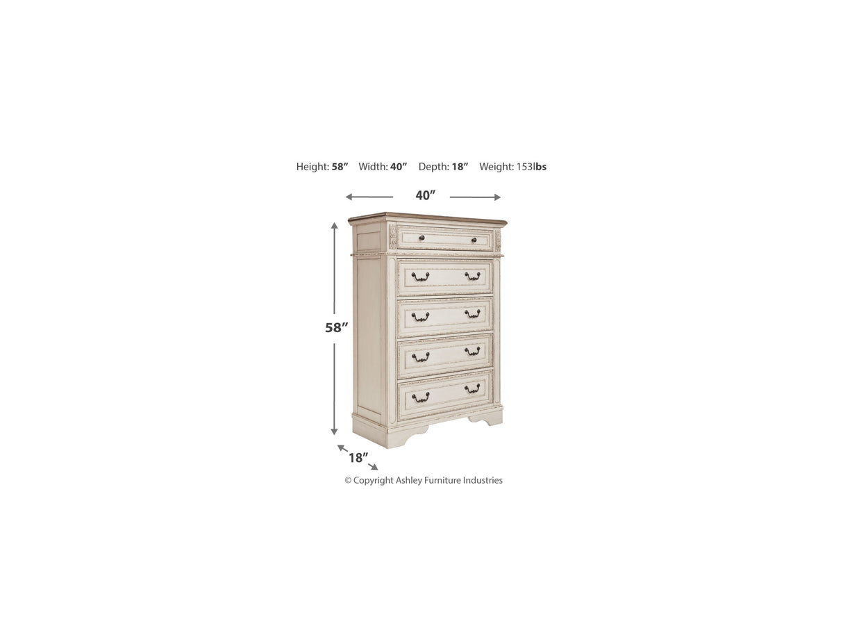 Realyn Two-Tone Queen Panel Bed, Dresser, Mirror And Chest