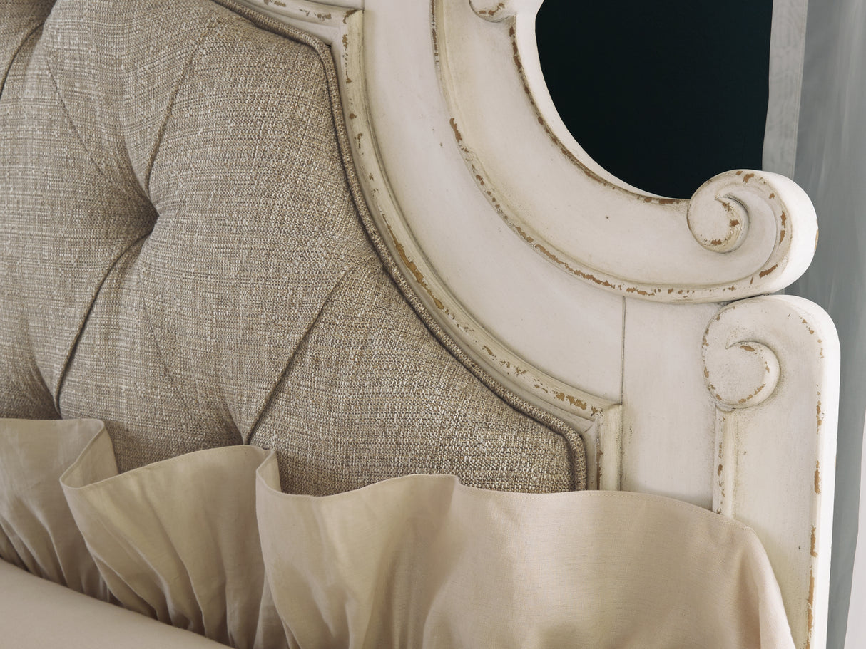 Realyn Two-Tone Queen Upholstered Panel Bed, Dresser, Mirror, Chest And Nightstand