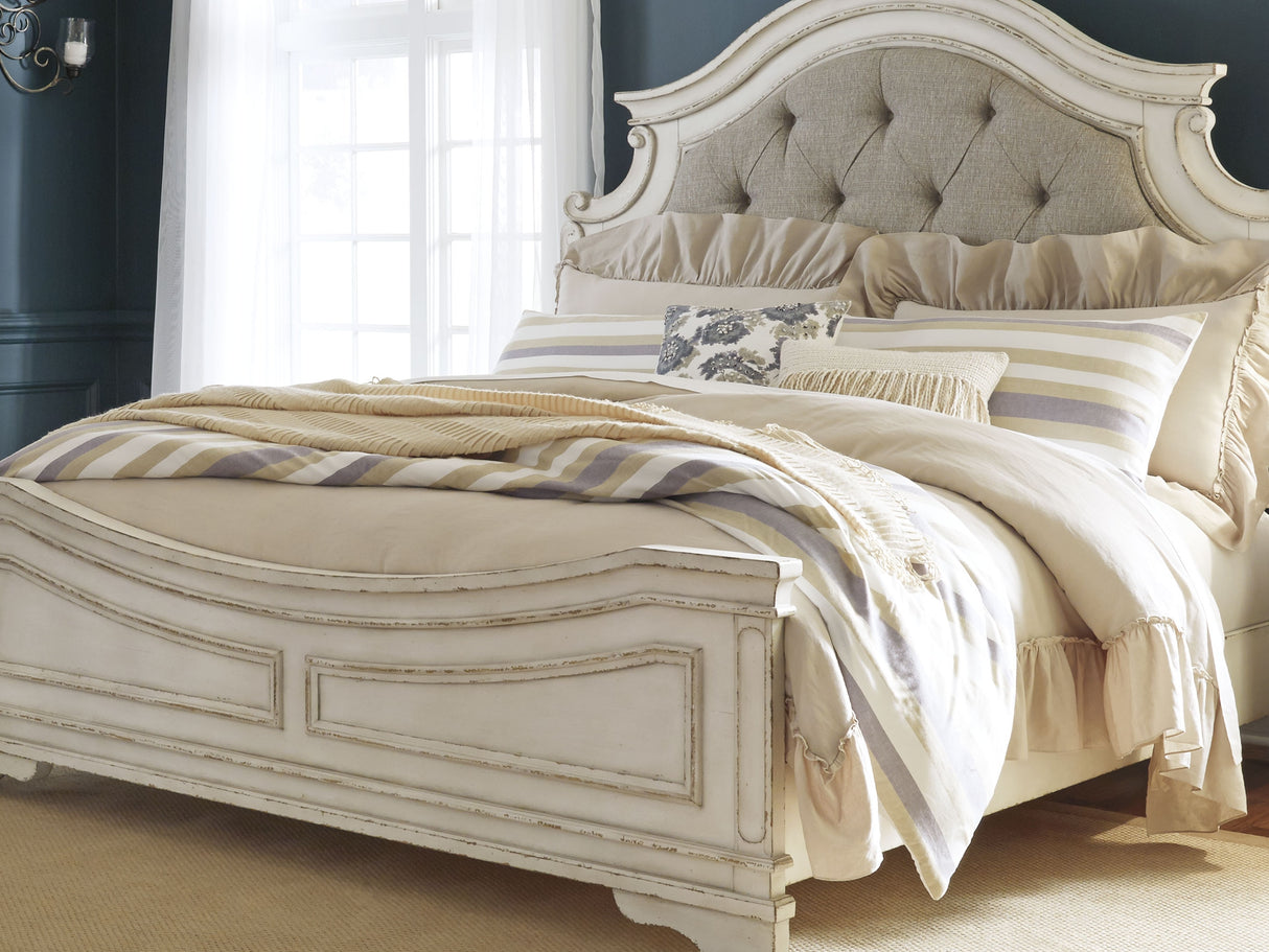 Realyn Chipped White King Upholstered Panel Bed
