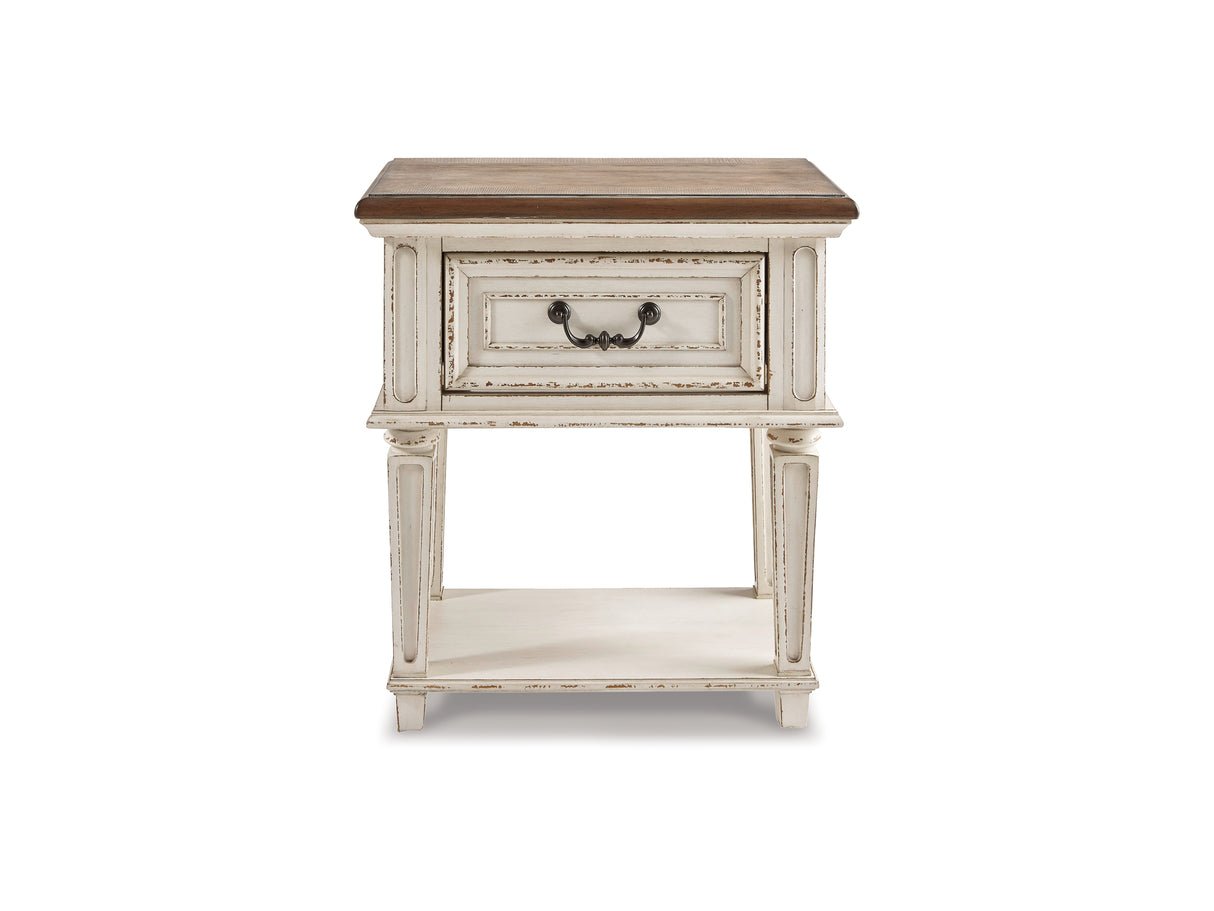 Realyn Two-Tone King Panel Storage Bed, Dresser, Mirror And 2 Nightstands