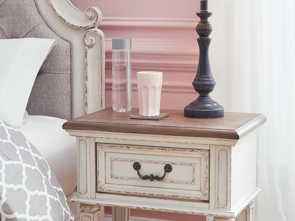 Realyn Two-Tone King Panel Storage Bed, Dresser, Mirror And 2 Nightstands