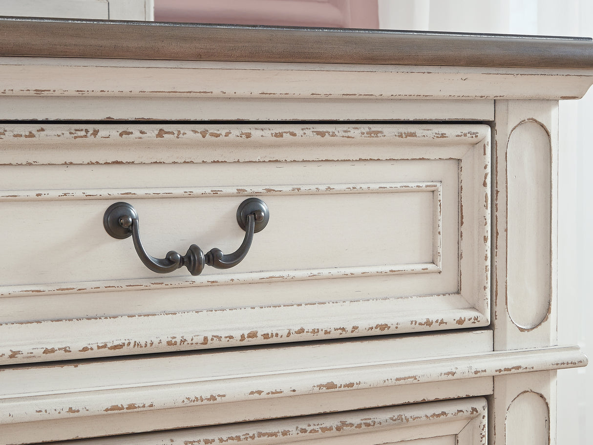 Realyn Two-Tone Queen Upholstered Panel Bed, Dresser, Mirror, Chest And Nightstand