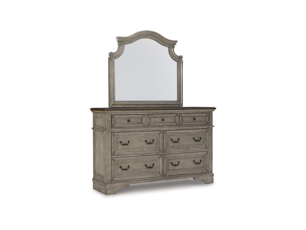 Lodenbay Antique Gray Queen Upholstered Panel Bed, Dresser, Mirror, Chest And Nightstand