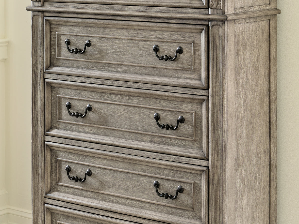 Lodenbay Antique Gray/Brown King Upholstered Panel Bed, Dresser, Mirror, Chest And Nightstand