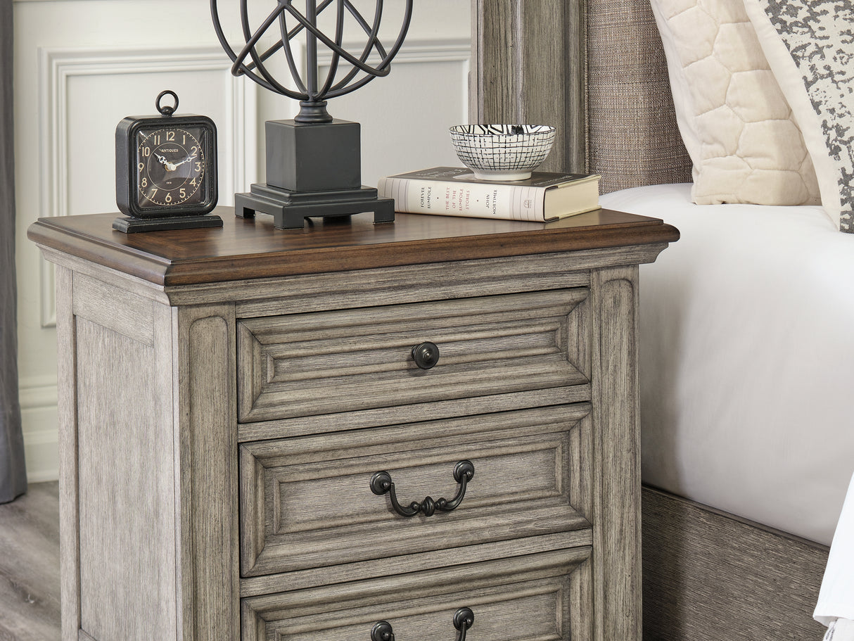 Lodenbay Antique Gray/Brown King Upholstered Panel Bed, Dresser, Mirror, Chest And Nightstand