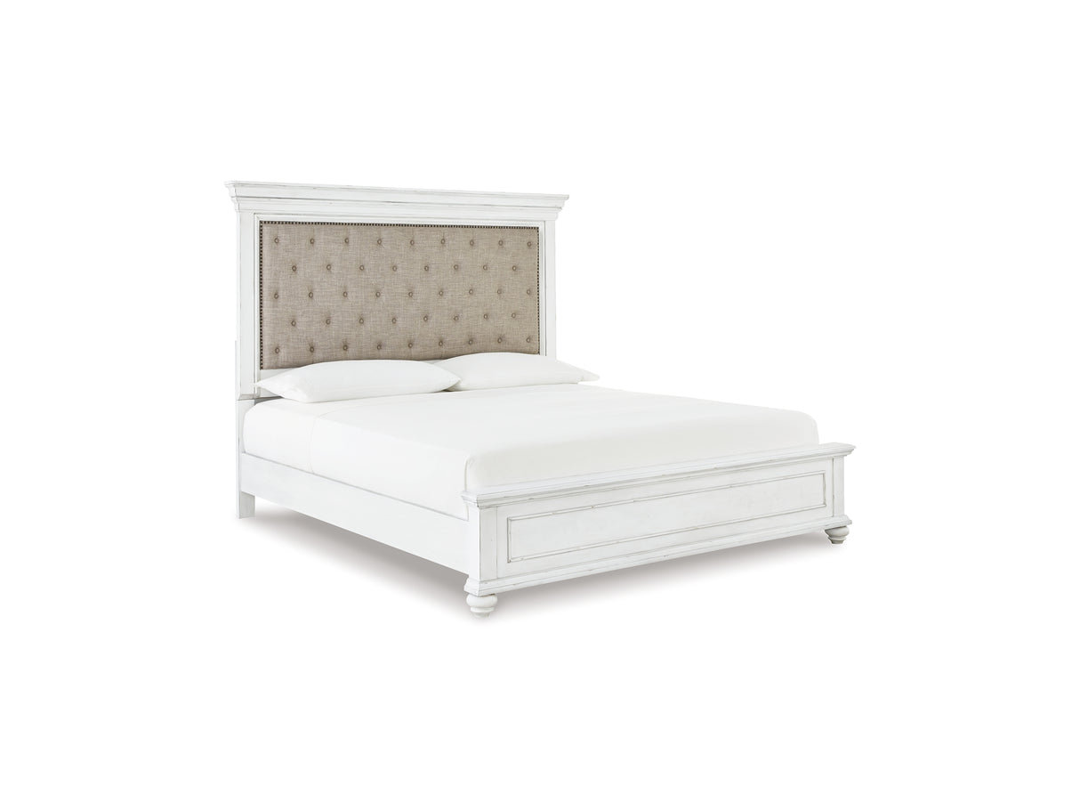 Kanwyn Whitewash King Upholstered Panel Bed, Dresser, Mirror And Chest