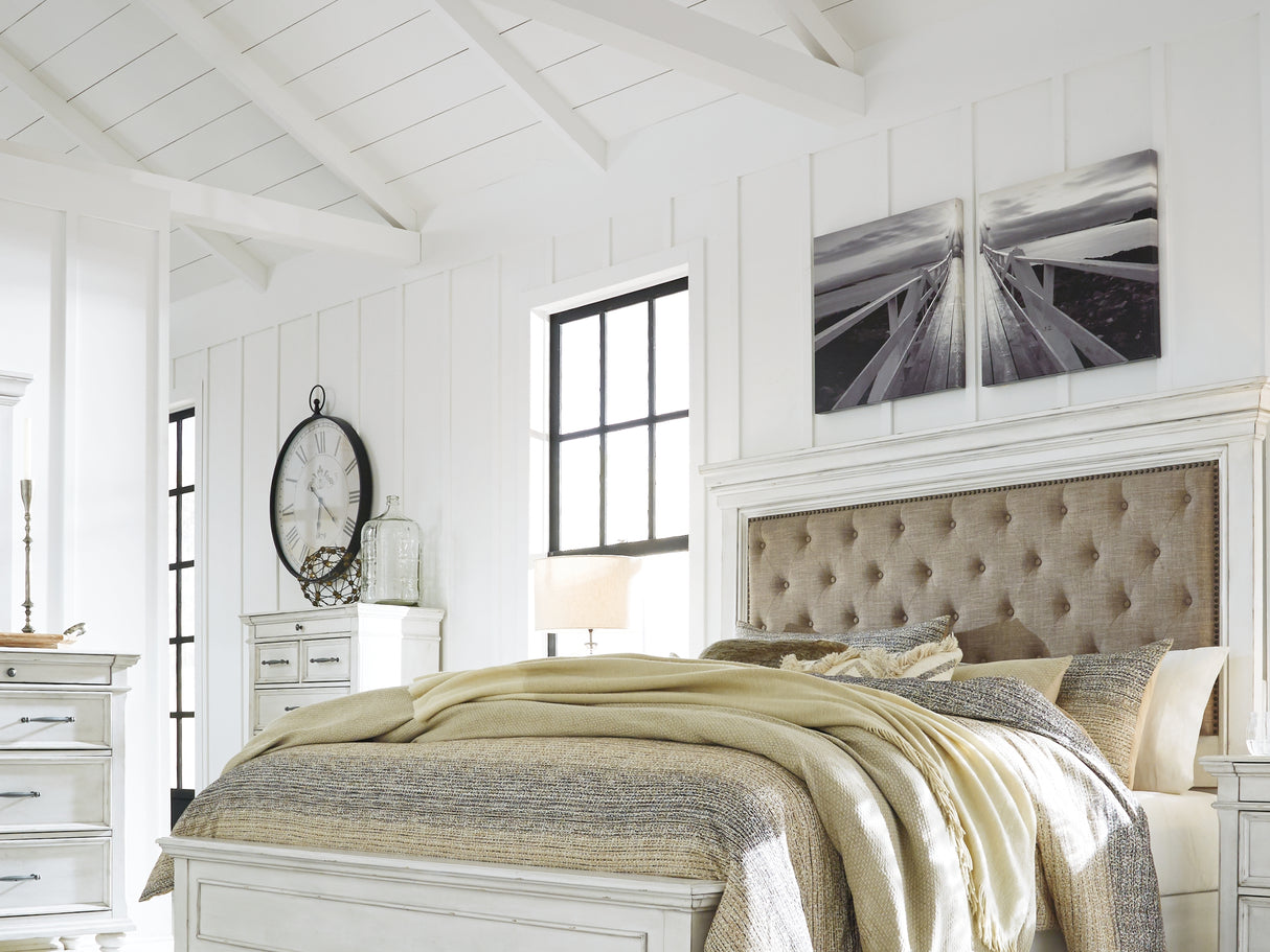 Kanwyn Whitewash Cal King Upholstered Panel Bed, Dresser, Mirror And Chest