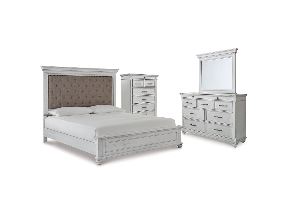 Kanwyn Whitewash King Upholstered Panel Bed, Dresser, Mirror And Chest