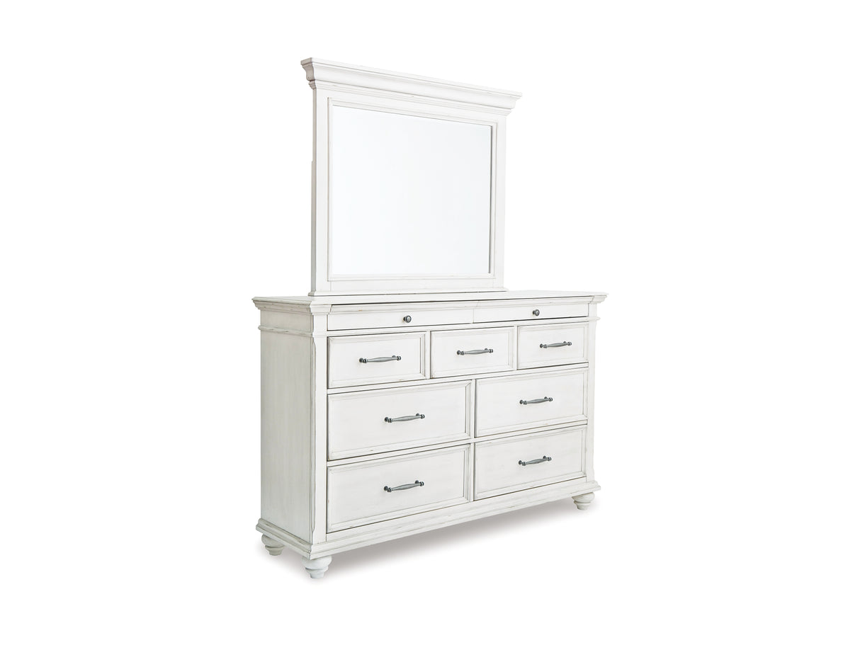 Kanwyn Whitewash King Upholstered Panel Bed, Dresser, Mirror And Chest