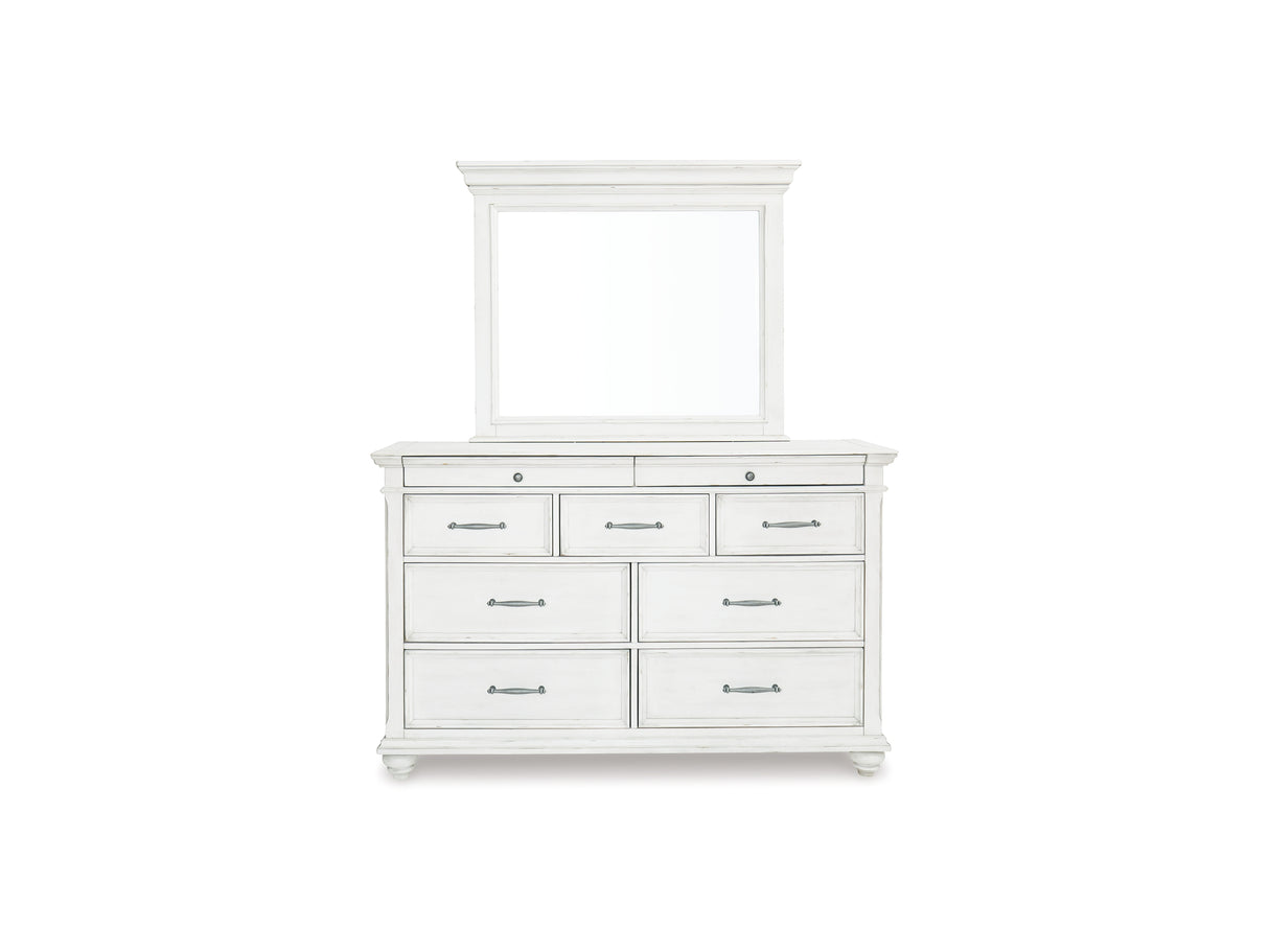 Kanwyn Whitewash King Upholstered Panel Bed, Dresser, Mirror And Chest