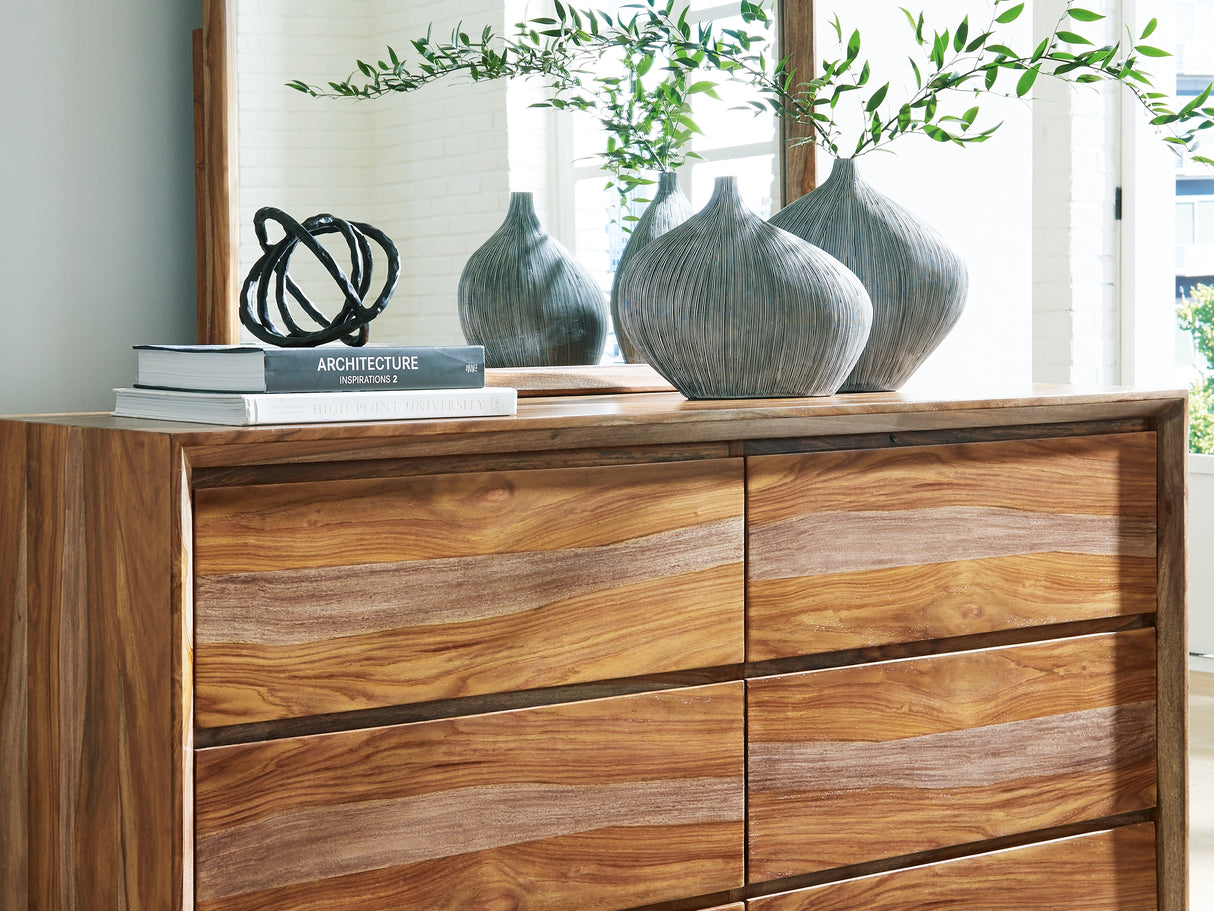 Dressonni Brown California King Panel Bed, Dresser And Mirror