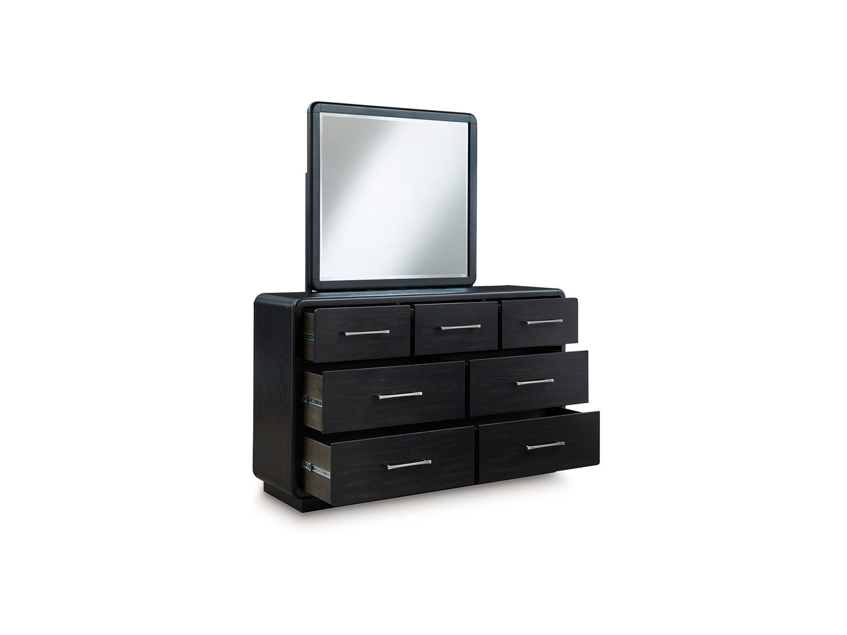 Rowanbeck Black Queen Upholstered Panel Bed, Dresser And Mirror