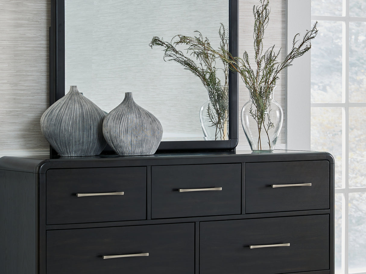 Rowanbeck Black Queen Upholstered Panel Bed, Dresser And Mirror