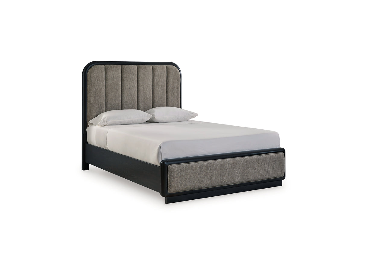 Rowanbeck Black Queen Upholstered Panel Bed, Dresser And Mirror