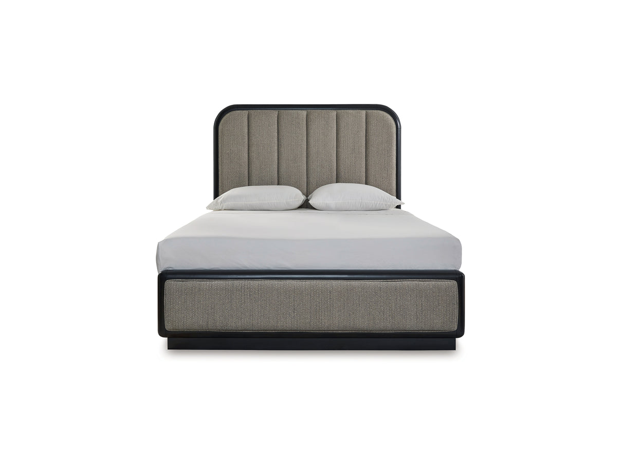 Rowanbeck Black Queen Upholstered Panel Bed, Dresser And Mirror