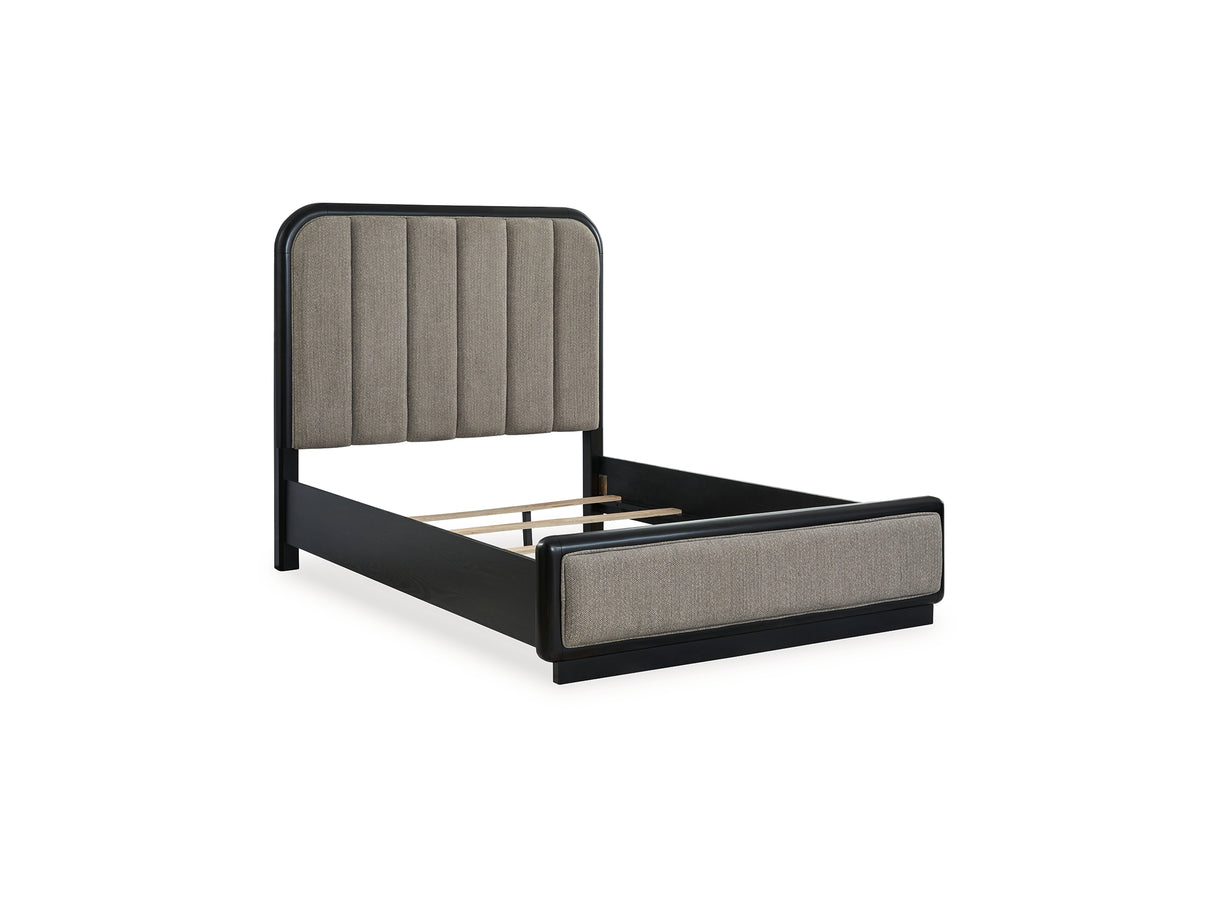Rowanbeck Black Queen Upholstered Panel Bed, Dresser And Mirror