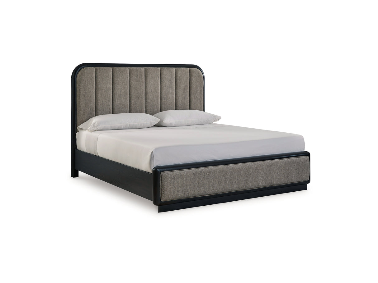 Rowanbeck Gray/Black California King Upholstered Panel Bed