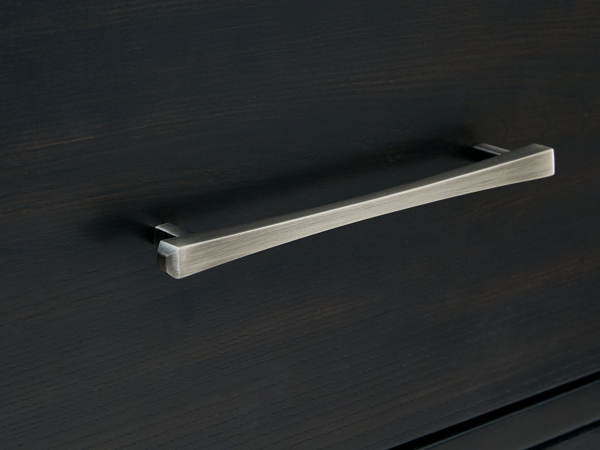 Rowanbeck Black California King Upholstered Panel Bed, Dresser And Mirror