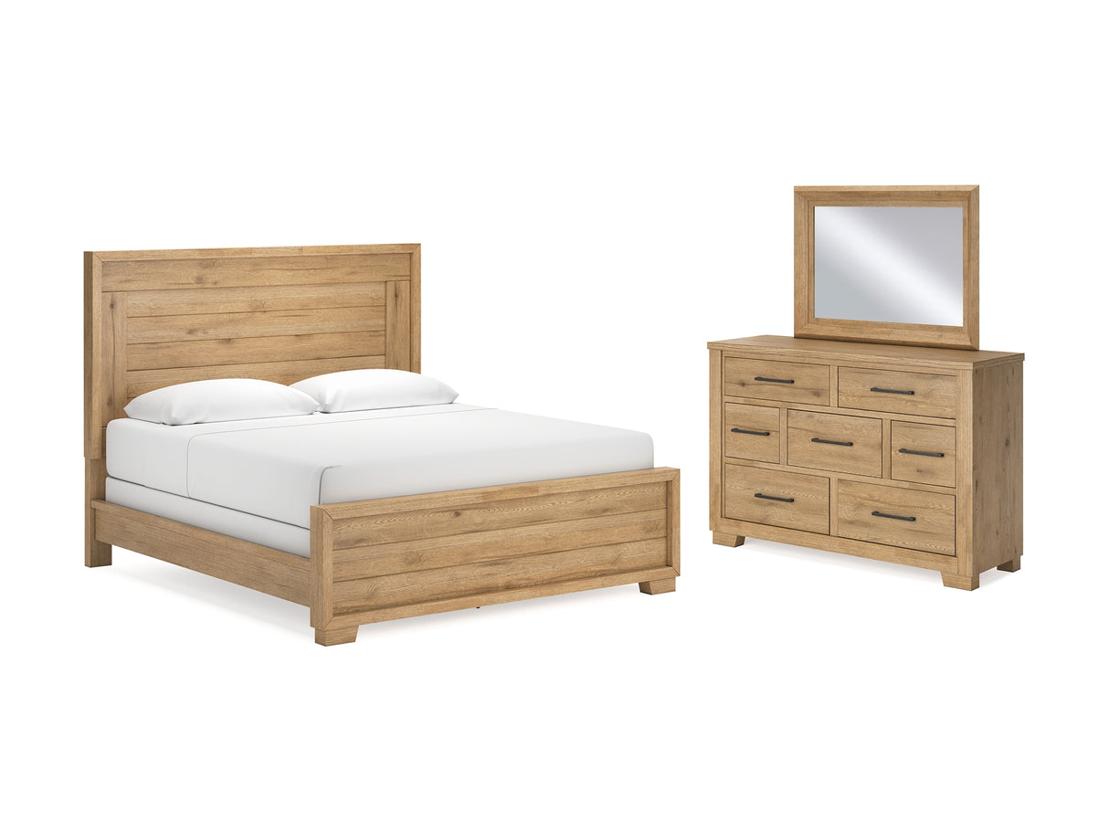 Galliden Light Brown California King Panel Bed, Dresser And Mirror
