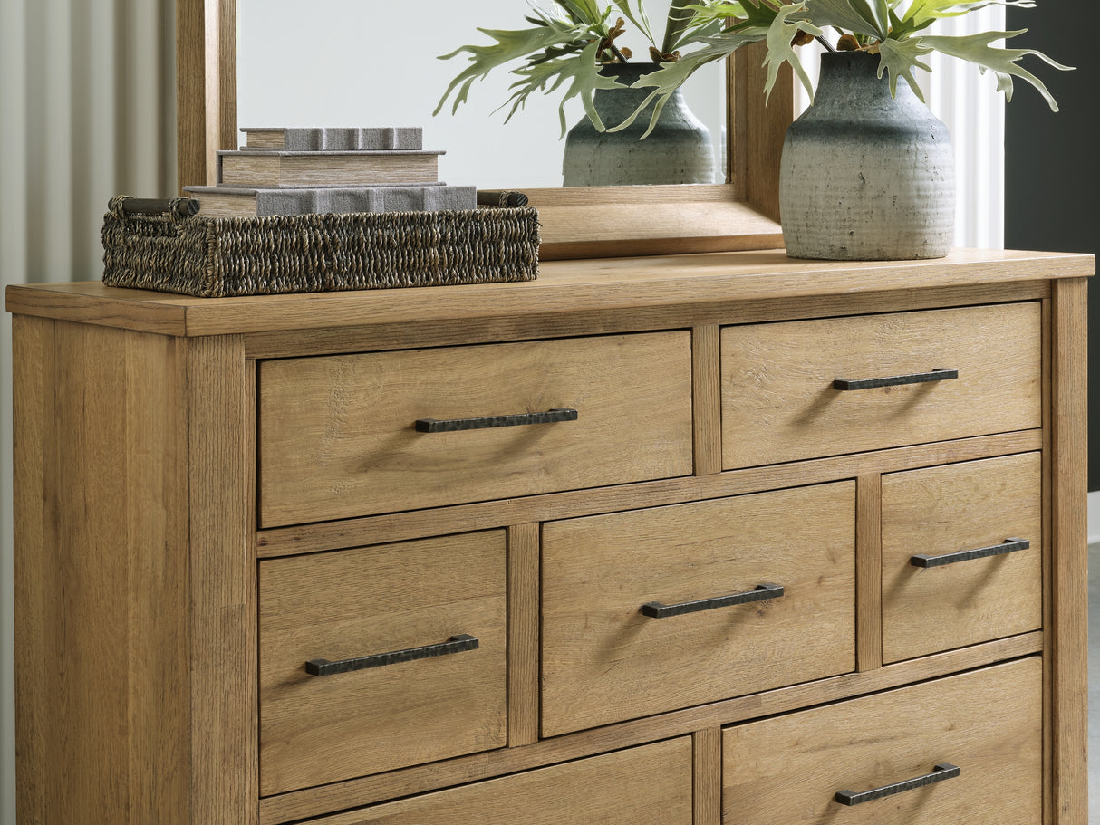 Galliden Light Brown California King Panel Bed, Dresser And Mirror