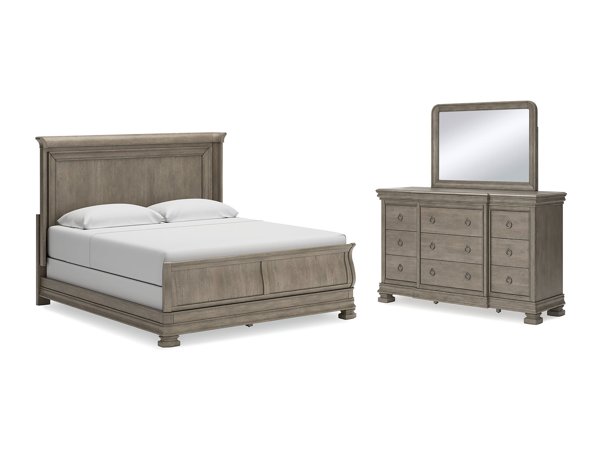 Lexorne Gray California King Sleigh Bed, Dresser And Mirror