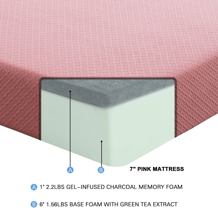 Leo 7" Pink Twin Gel-Infused Memory Foam Mattress And Pillow Set