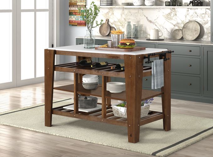 Alaroa Marble Top & Rustic Brown Finish Kitchen Island
