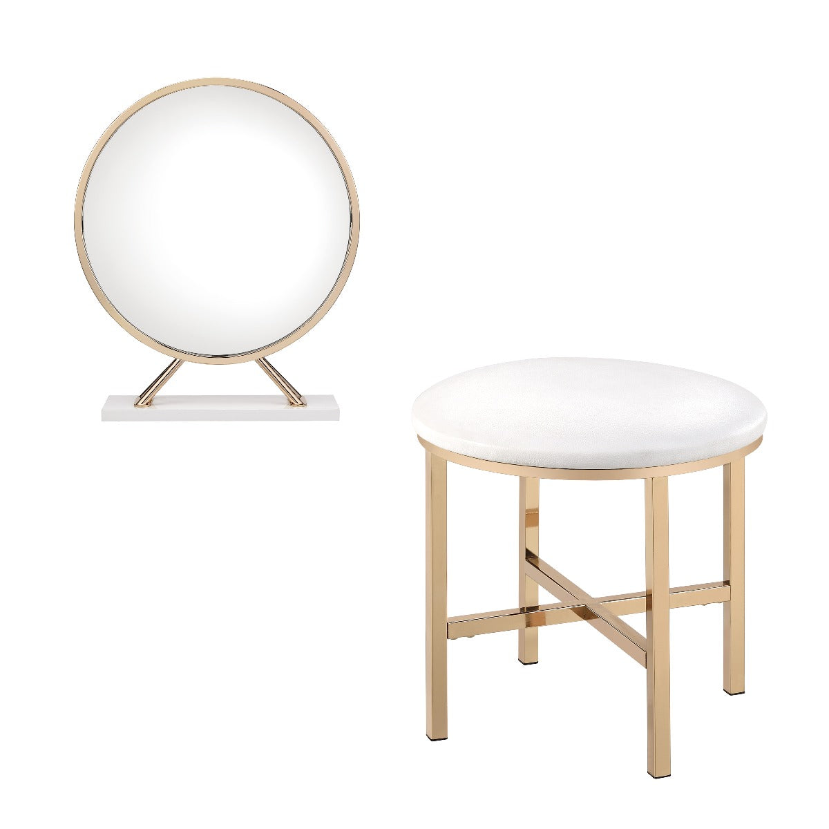 Midriaks Synthetic Leather , White & Gold Finish Vanity Mirror & Stool