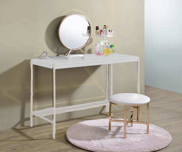 Midriaks Synthetic Leather , White & Gold Finish Vanity Mirror & Stool