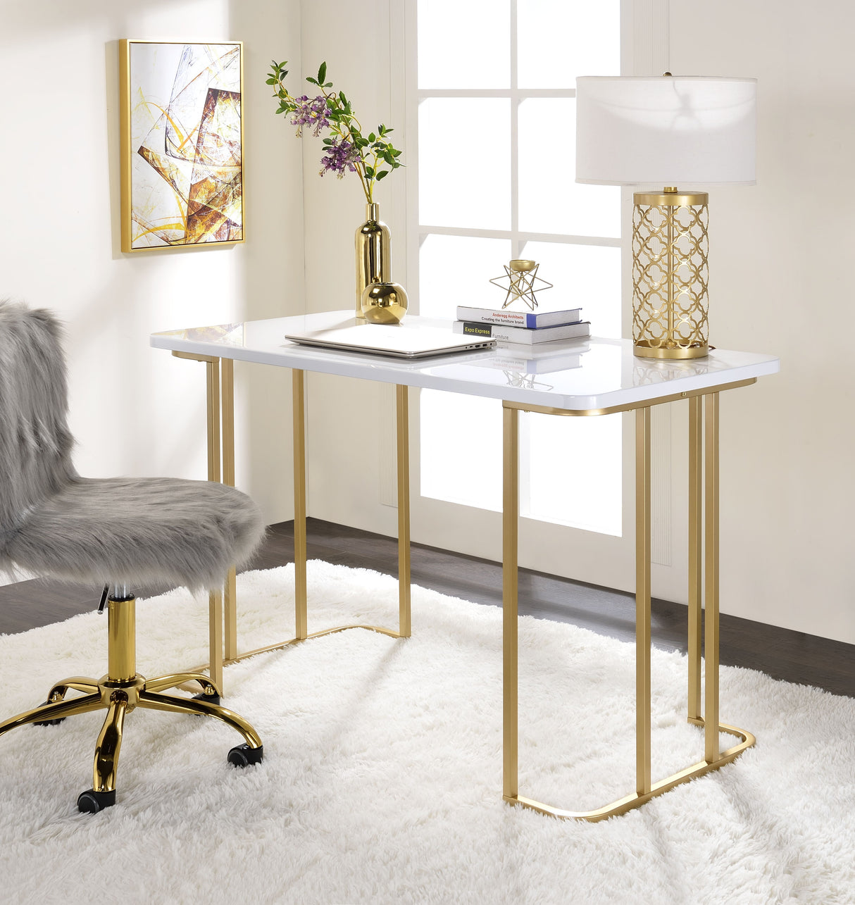 Estie White & Gold Finish Vanity Desk
