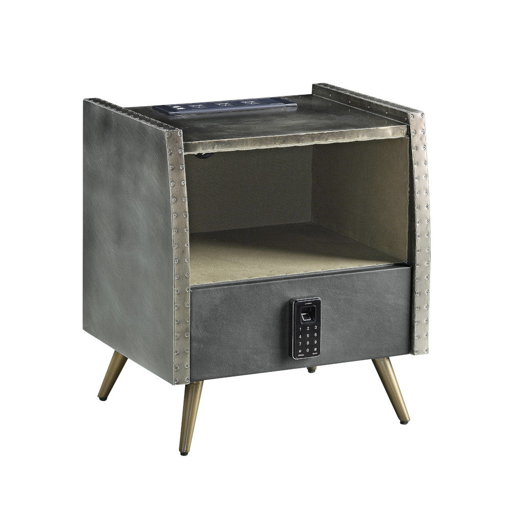 Doris Gray Top Grain Leather & Aluminum Nightstand