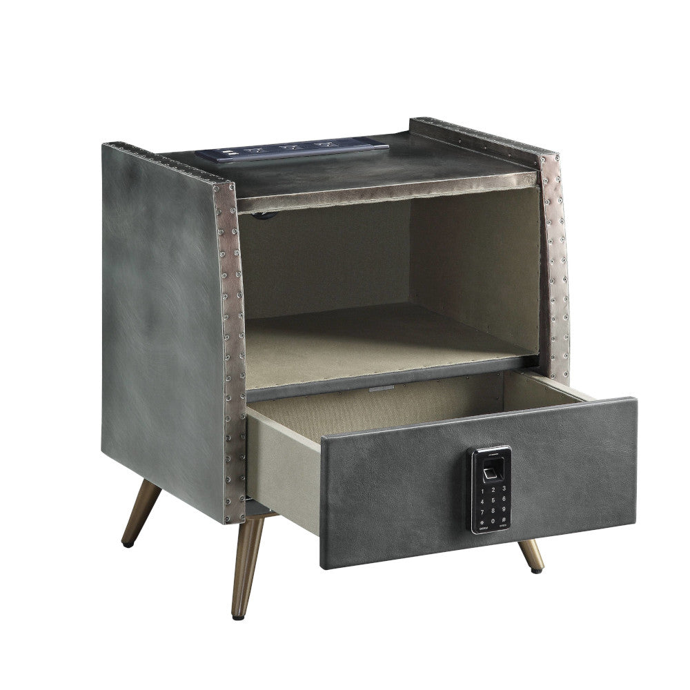Doris Gray Top Grain Leather & Aluminum Nightstand