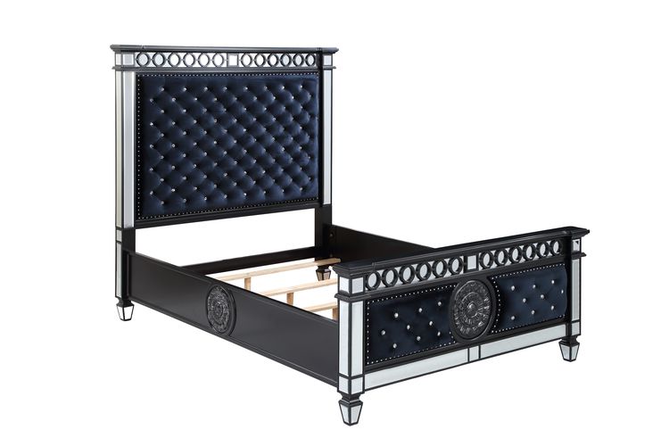 Varian Mirrored, Dark Navy Blue Velvet & Black & Sliver Finish Ii Queen Bed