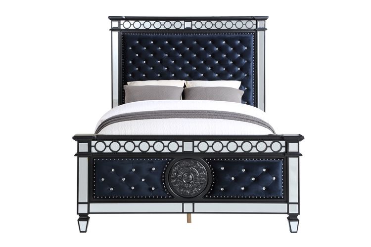 Varian Mirrored, Dark Navy Blue Velvet & Black & Sliver Finish Ii Queen Bed