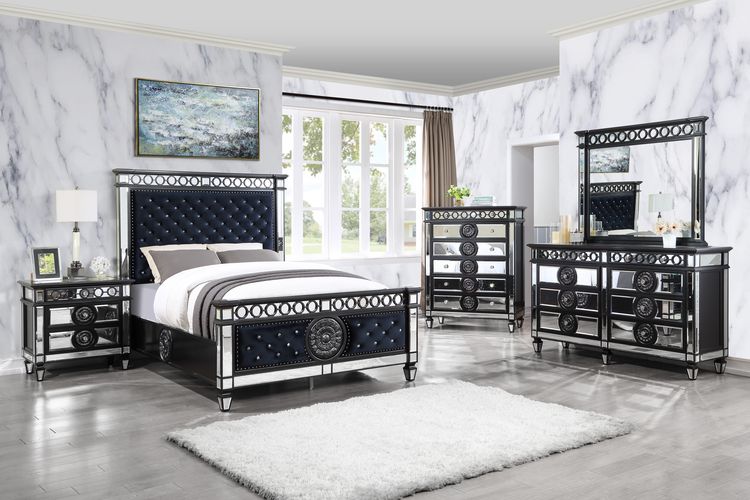 Varian Mirrored, Dark Navy Blue Velvet & Black & Sliver Finish Ii Queen Bed