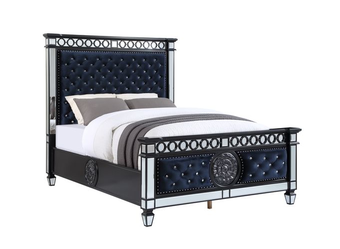 Varian Mirrored, Dark Navy Blue Velvet & Black & Sliver Finish Ii Queen Bed