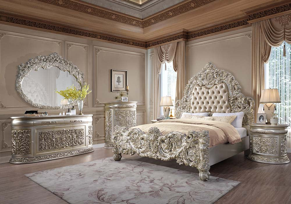 Sorina Synthetic Leather & Antique Gold Finish Eastern King Bed