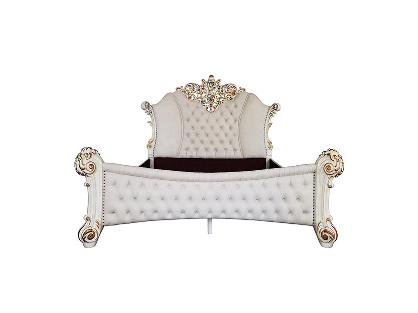 Vendom Two Tone Ivory Fabric & Antique Pearl Finish California King Bed