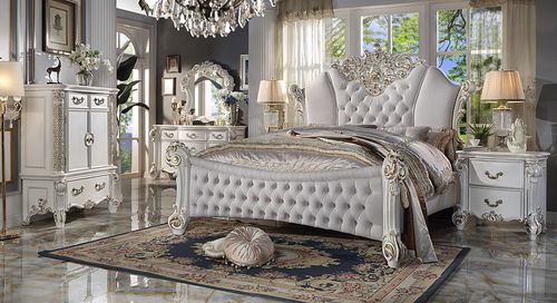 Vendom Two Tone Ivory Fabric & Antique Pearl Finish California King Bed