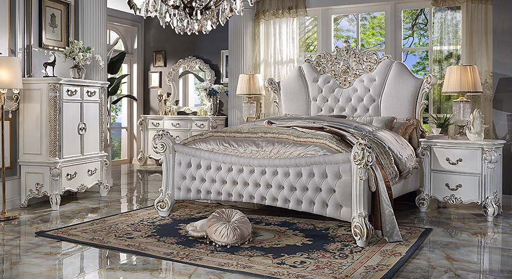 Vendom Two Tone Ivory Fabric & Antique Pearl Finish Queen Bed