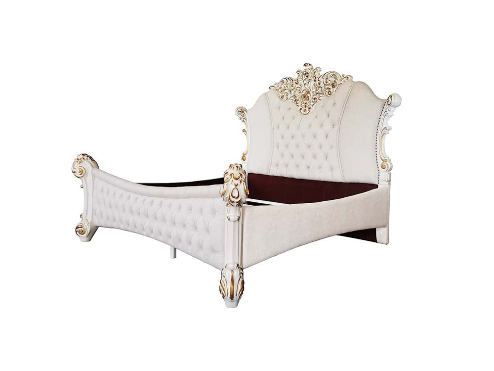 Vendom Two Tone Ivory Fabric & Antique Pearl Finish Queen Bed