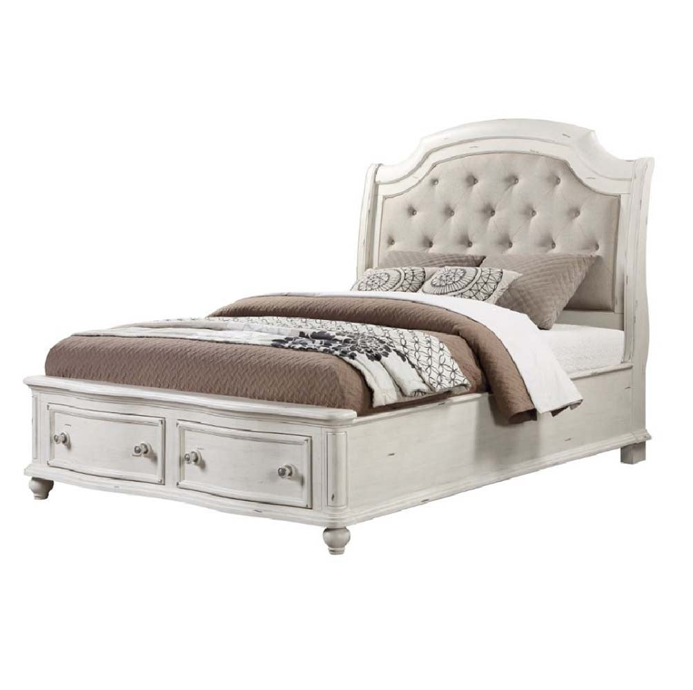 Jaqueline Gray Linen & Antique White Finish Eastern King Bed