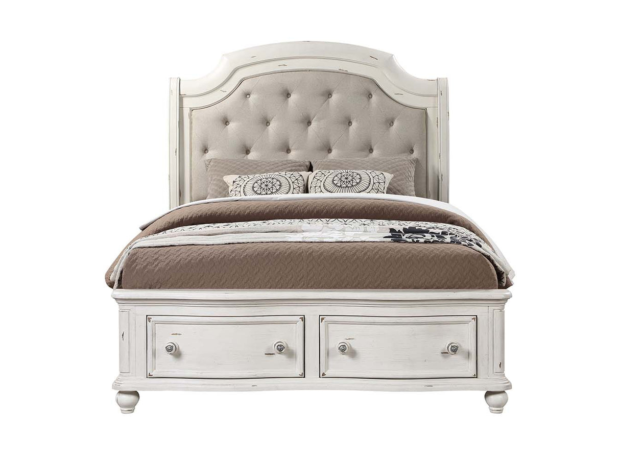 Jaqueline Gray Linen & Antique White Finish Eastern King Bed