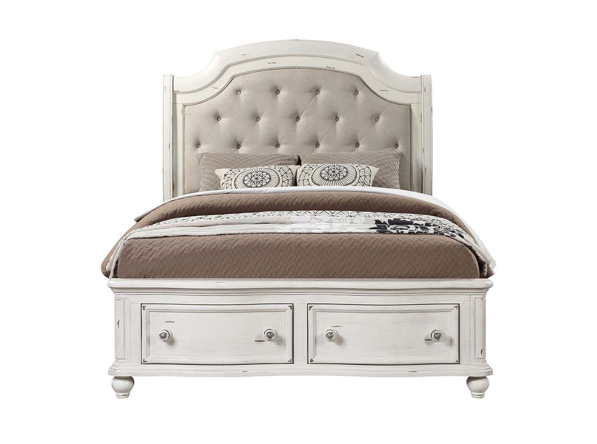 Jaqueline Gray Linen & Antique White Finish Eastern King Bed