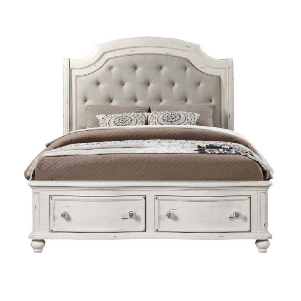 Jaqueline Gray Linen & Antique White Finish Eastern King Bed