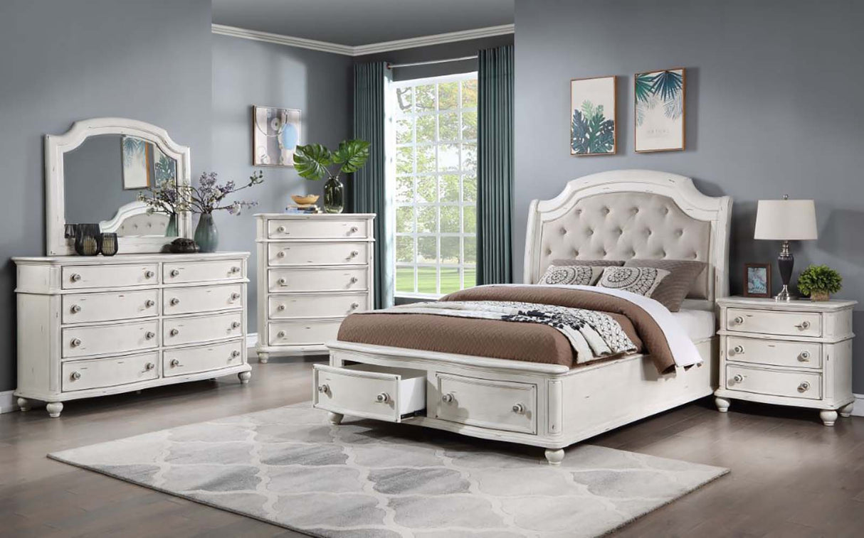 Jaqueline Gray Linen & Antique White Finish Eastern King Bed