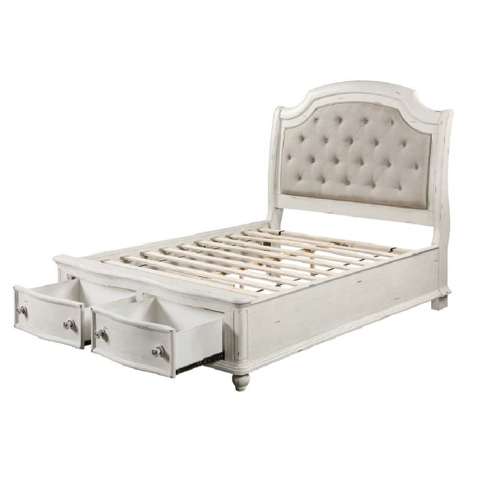 Jaqueline Gray Linen & Antique White Finish Eastern King Bed