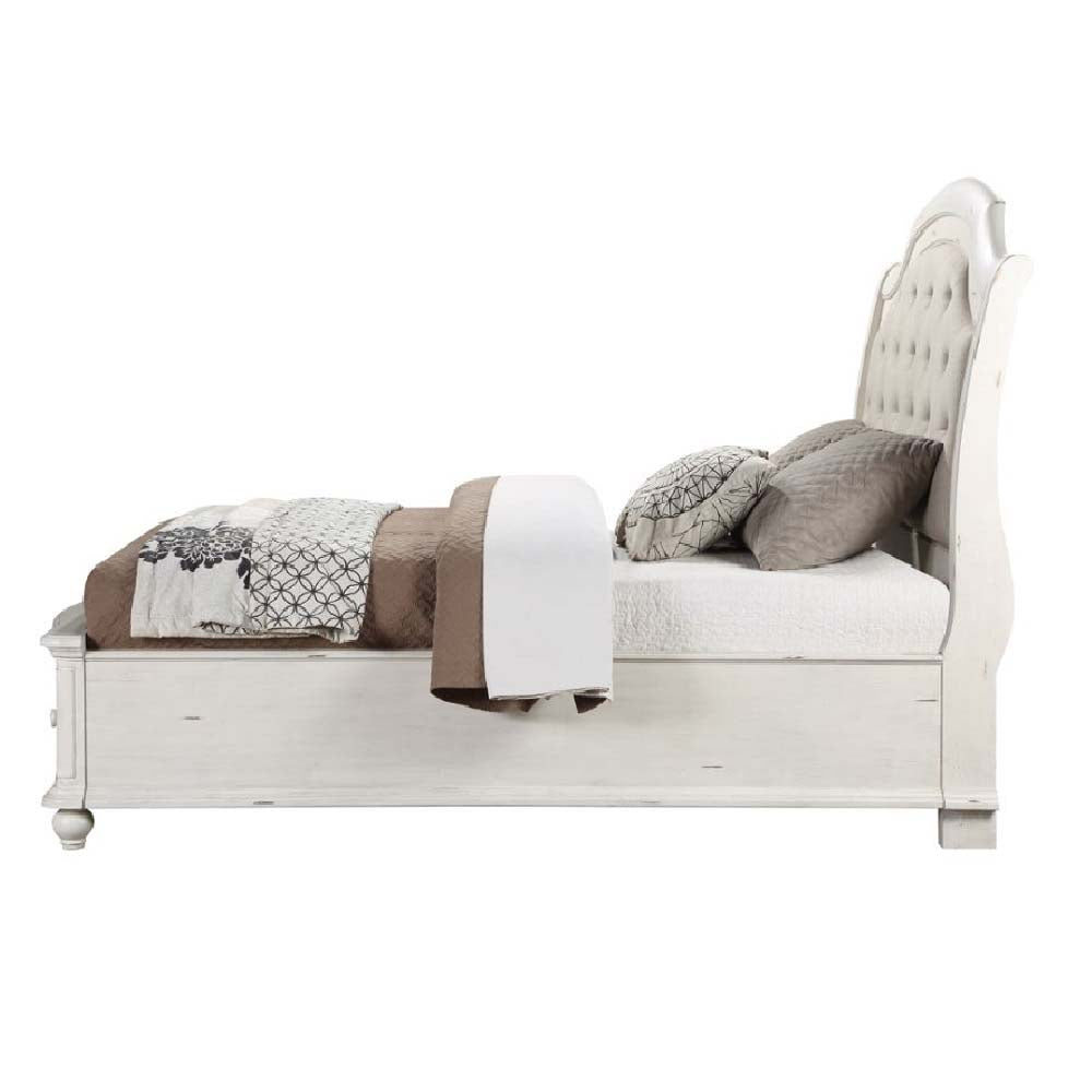 Jaqueline Gray Linen & Antique White Finish Eastern King Bed