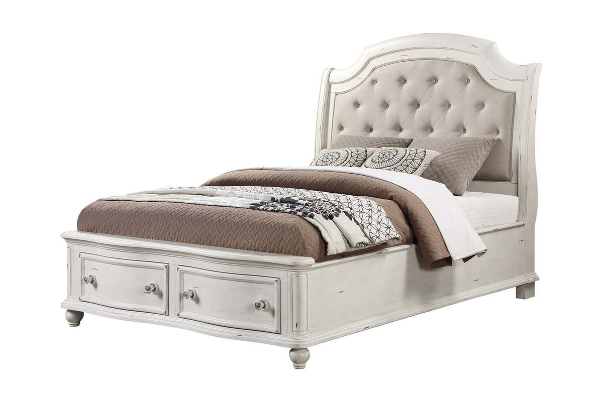 Jaqueline Gray Linen & Antique White Finish Eastern King Bed