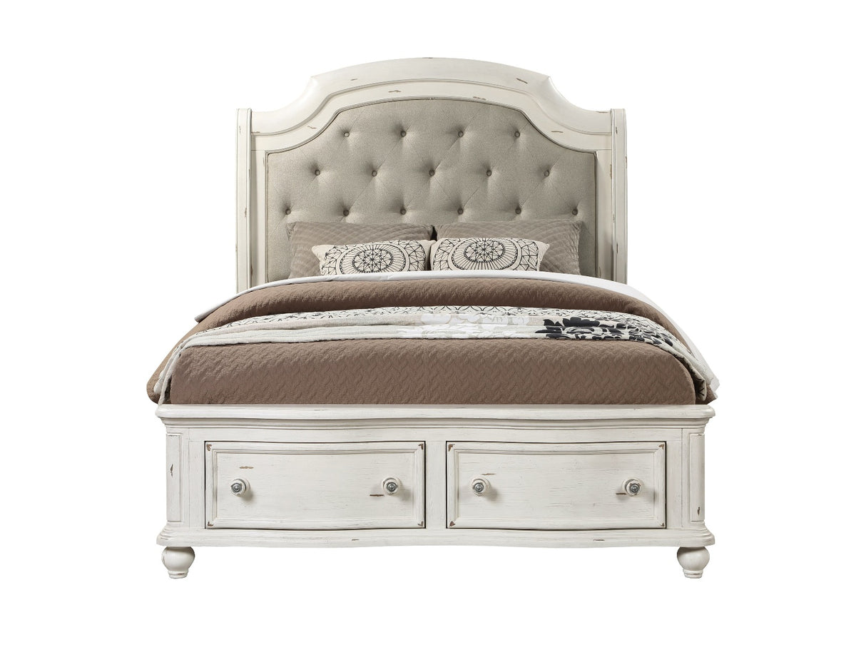 Jaqueline Gray Linen & Antique White Finish Queen Bed